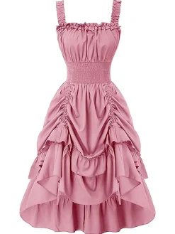 Sale Retro Stage 1930s Solid Square Neck Drawstring Layered Dress