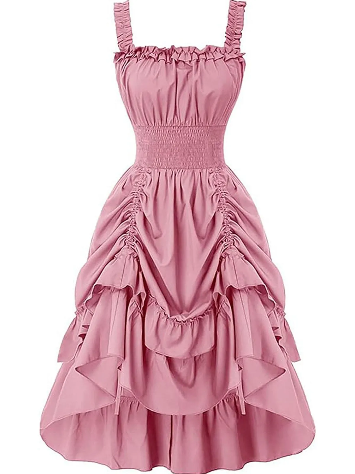 Sale Retro Stage 1930s Solid Square Neck Drawstring Layered Dress