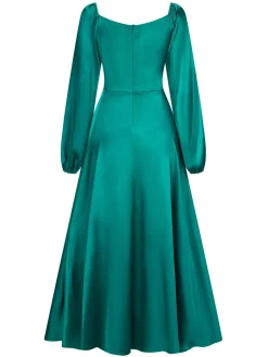 Online Retro Stage 1940s Solid Square Neck Pleated Dress