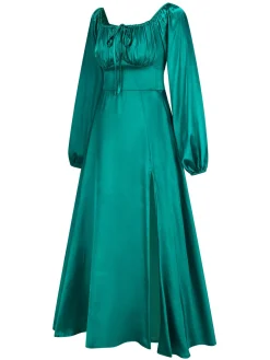 Online Retro Stage 1940s Solid Square Neck Pleated Dress