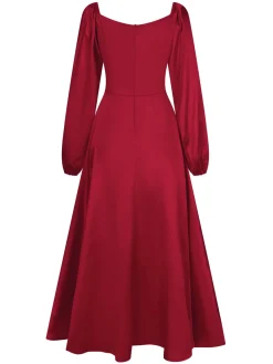 Online Retro Stage 1940s Solid Square Neck Pleated Dress