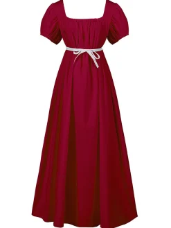 Clearance Retro Stage 1930s Solid Square Neck Puff Sleeves Dress