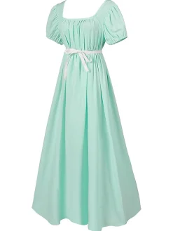 Clearance Retro Stage 1930s Solid Square Neck Puff Sleeves Dress