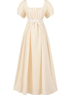 Clearance Retro Stage 1930s Solid Square Neck Puff Sleeves Dress