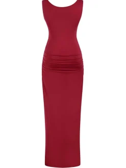 New Retro Stage 1930s Solid Square Neck Split Ruched Dress