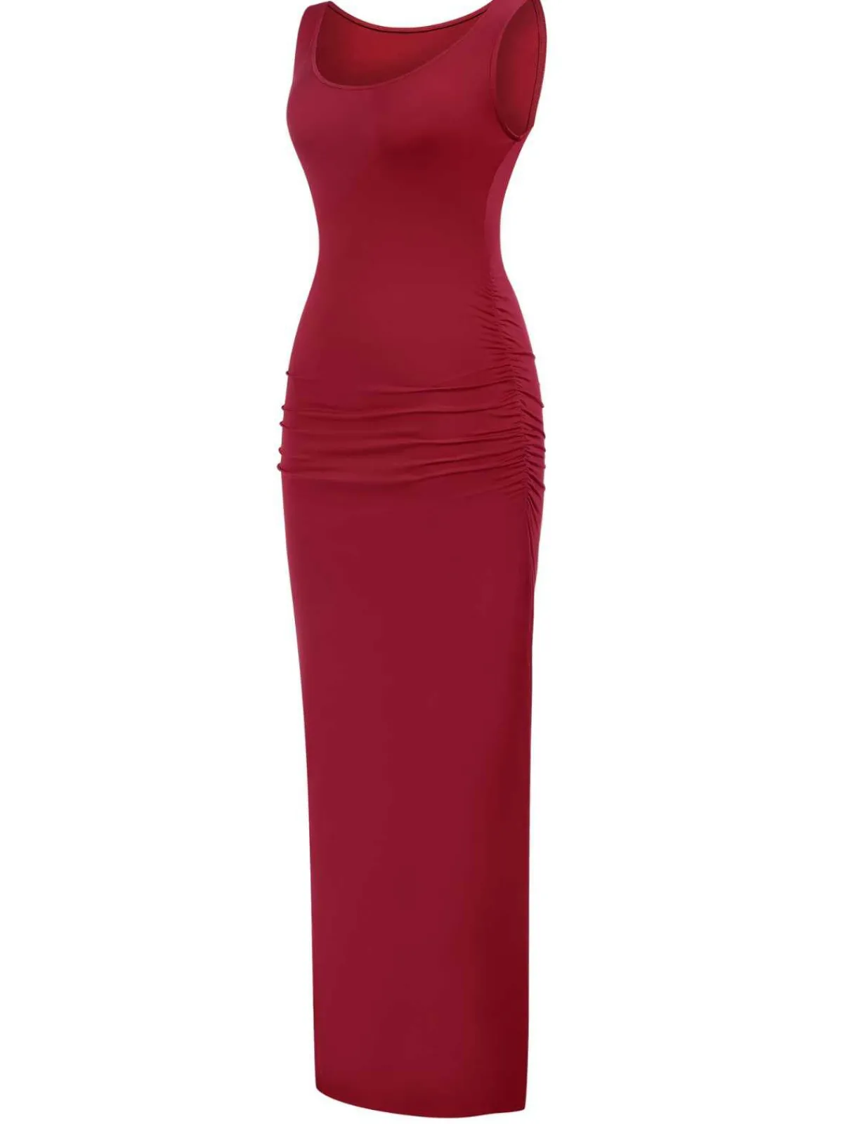 New Retro Stage 1930s Solid Square Neck Split Ruched Dress