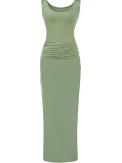 New Retro Stage 1930s Solid Square Neck Split Ruched Dress