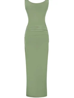 New Retro Stage 1930s Solid Square Neck Split Ruched Dress