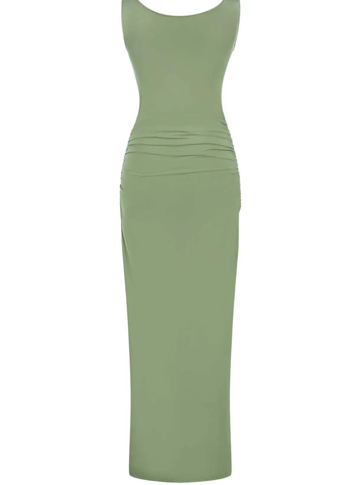 New Retro Stage 1930s Solid Square Neck Split Ruched Dress