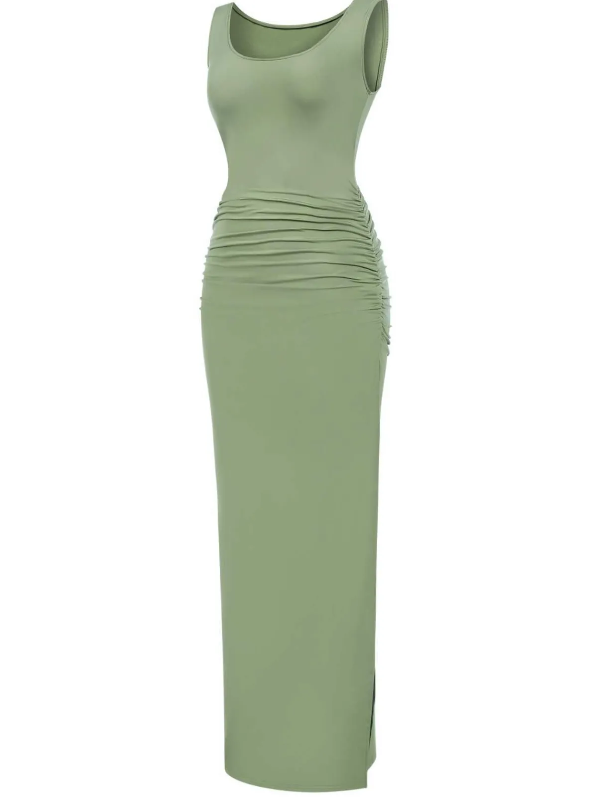 New Retro Stage 1930s Solid Square Neck Split Ruched Dress