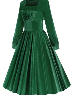 Best Retro Stage 1950s Solid Square Neck Velvet Dress