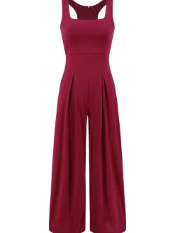 Online Retro Stage 1950s Solid Square Neck Wide Strap Jumpsuit Deep Red