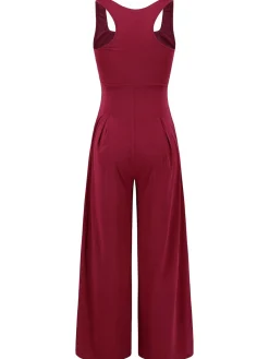 Online Retro Stage 1950s Solid Square Neck Wide Strap Jumpsuit Deep Red