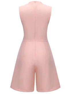 Best Retro Stage 1960s Solid Stand Collar Sleeveless Romper