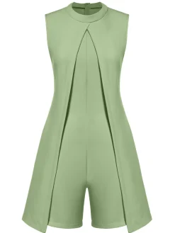 Best Retro Stage 1960s Solid Stand Collar Sleeveless Romper