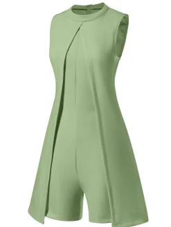 Best Retro Stage 1960s Solid Stand Collar Sleeveless Romper