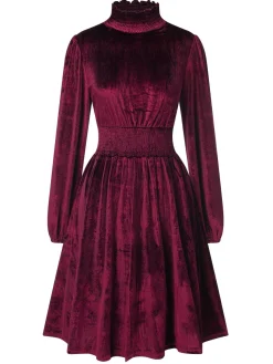 New Retro Stage 1940s Solid Stand Collar Velvet Dress
