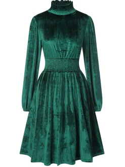 New Retro Stage 1940s Solid Stand Collar Velvet Dress