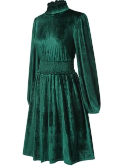 New Retro Stage 1940s Solid Stand Collar Velvet Dress