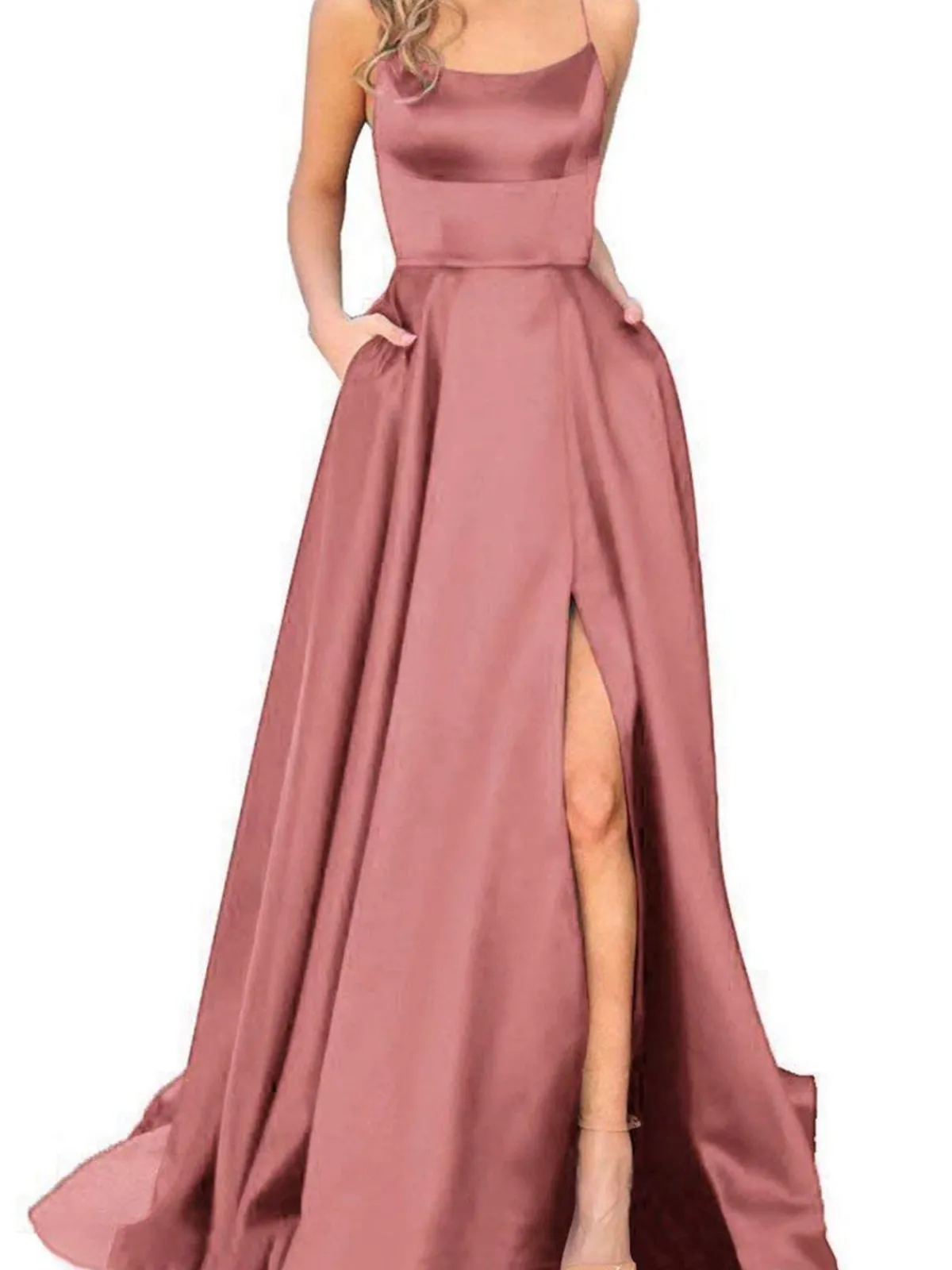 Sale Retro Stage 1930s Solid Strap Long Slit Maxi Dress
