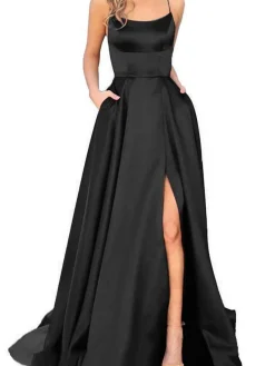 Sale Retro Stage 1930s Solid Strap Long Slit Maxi Dress