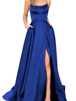Sale Retro Stage 1930s Solid Strap Long Slit Maxi Dress