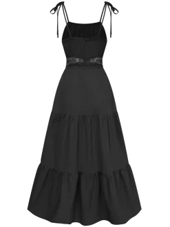 Online Retro Stage 1970s Solid Straps Ruffles Patchwork Dress