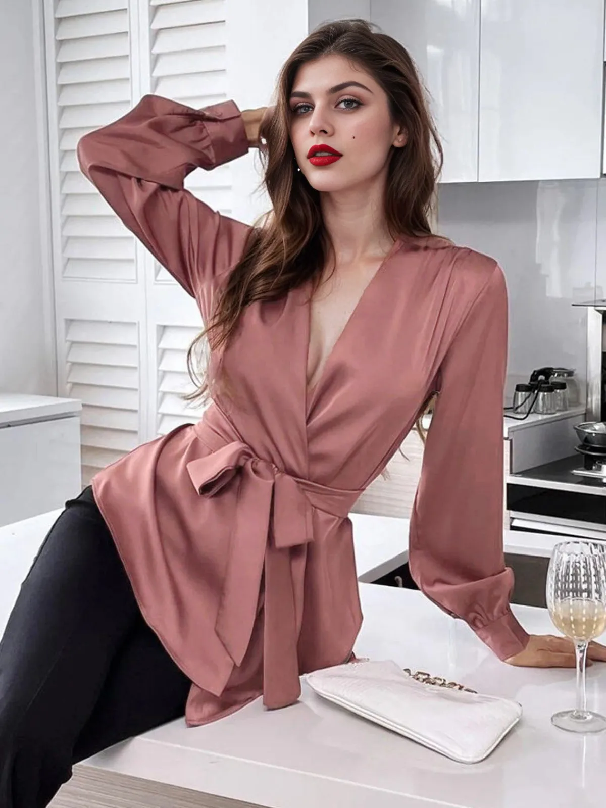 Online Retro Stage 1940s Solid Surplice V-Neck Silky Blouse