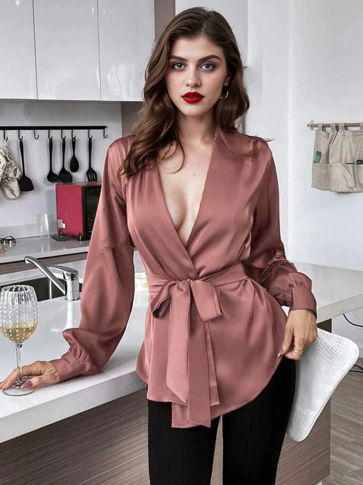 Online Retro Stage 1940s Solid Surplice V-Neck Silky Blouse