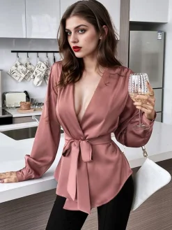 Online Retro Stage 1940s Solid Surplice V-Neck Silky Blouse
