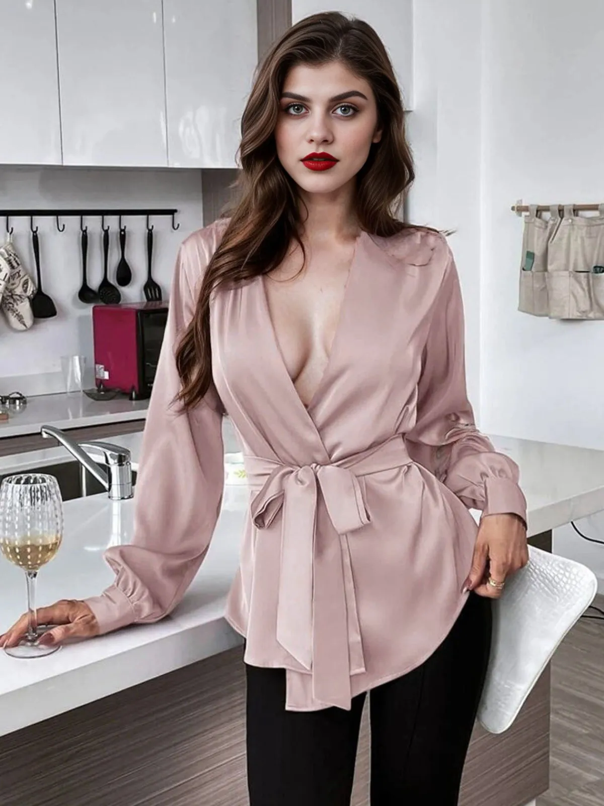 Online Retro Stage 1940s Solid Surplice V-Neck Silky Blouse