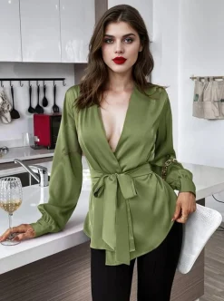 Online Retro Stage 1940s Solid Surplice V-Neck Silky Blouse