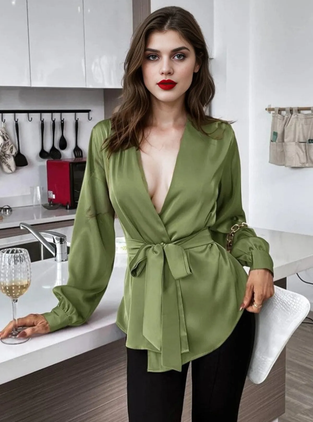 Online Retro Stage 1940s Solid Surplice V-Neck Silky Blouse