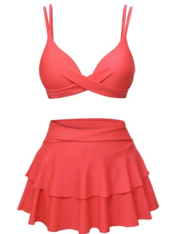 Clearance Retro Stage 1950s Solid Suspender Skirt Swimsuit