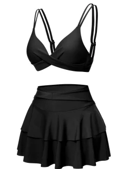 Clearance Retro Stage 1950s Solid Suspender Skirt Swimsuit
