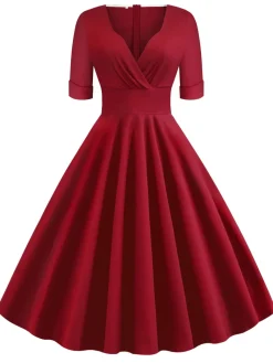 Online Retro Stage 1950s Solid Sweetheart Fold Swing Dress