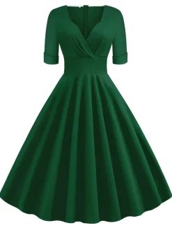 Online Retro Stage 1950s Solid Sweetheart Fold Swing Dress