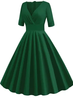 Online Retro Stage 1950s Solid Sweetheart Fold Swing Dress