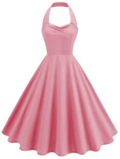 Best Retro Stage 1950s Solid Sweetheart Neck Halter Dress
