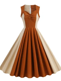 Hot Retro Stage 1950s Solid Sweetheart Neck Patchwork Dress