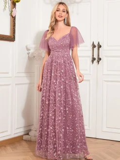 Fashion Retro Stage 1920s Solid Sweetheart Neckline Embroidered Long Dress Pink