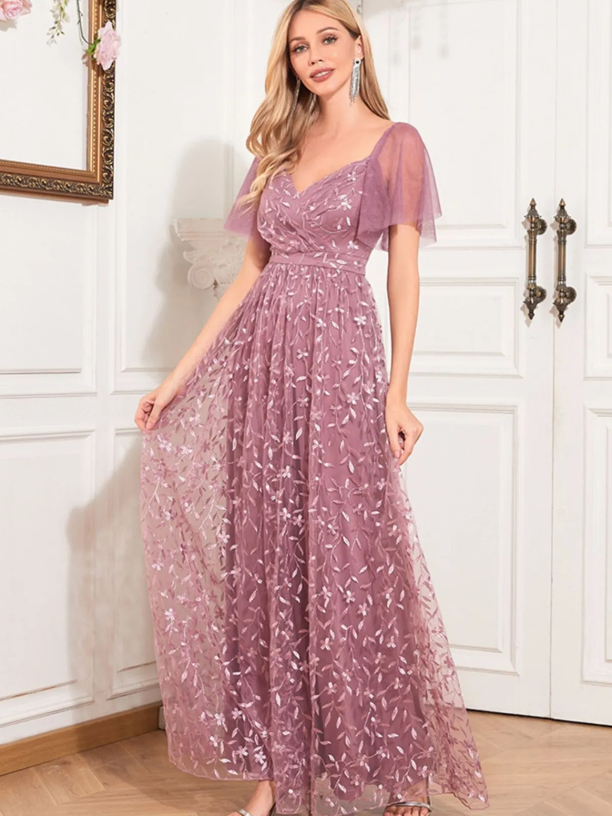 Fashion Retro Stage 1920s Solid Sweetheart Neckline Embroidered Long Dress Pink