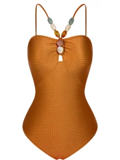 Outlet Retro Stage 1960s Solid Textured Bandeau Halter Swimsuit