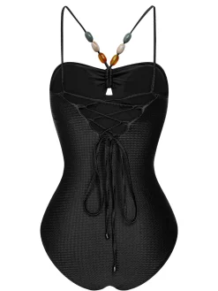 Outlet Retro Stage 1960s Solid Textured Bandeau Halter Swimsuit