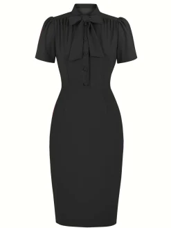Best Retro Stage 1960s Solid Tie Collar Pencil Dress