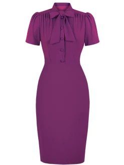 Best Retro Stage 1960s Solid Tie Collar Pencil Dress