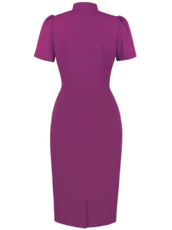 Best Retro Stage 1960s Solid Tie Collar Pencil Dress