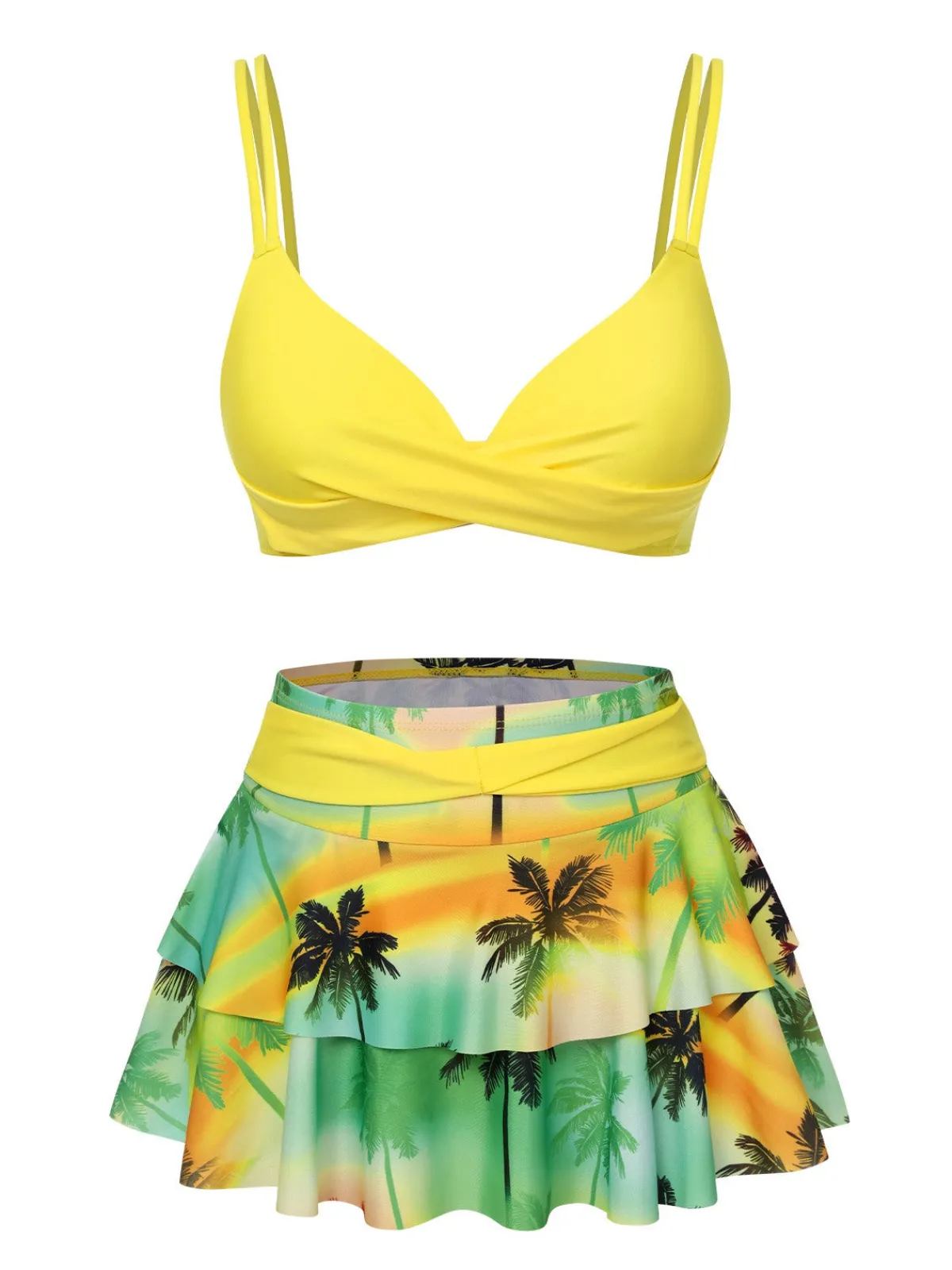 Sale Retro Stage 1950s Solid Top & Double Layer Printing Swimsuit