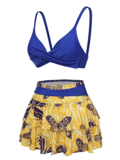 Sale Retro Stage 1950s Solid Top & Double Layer Printing Swimsuit