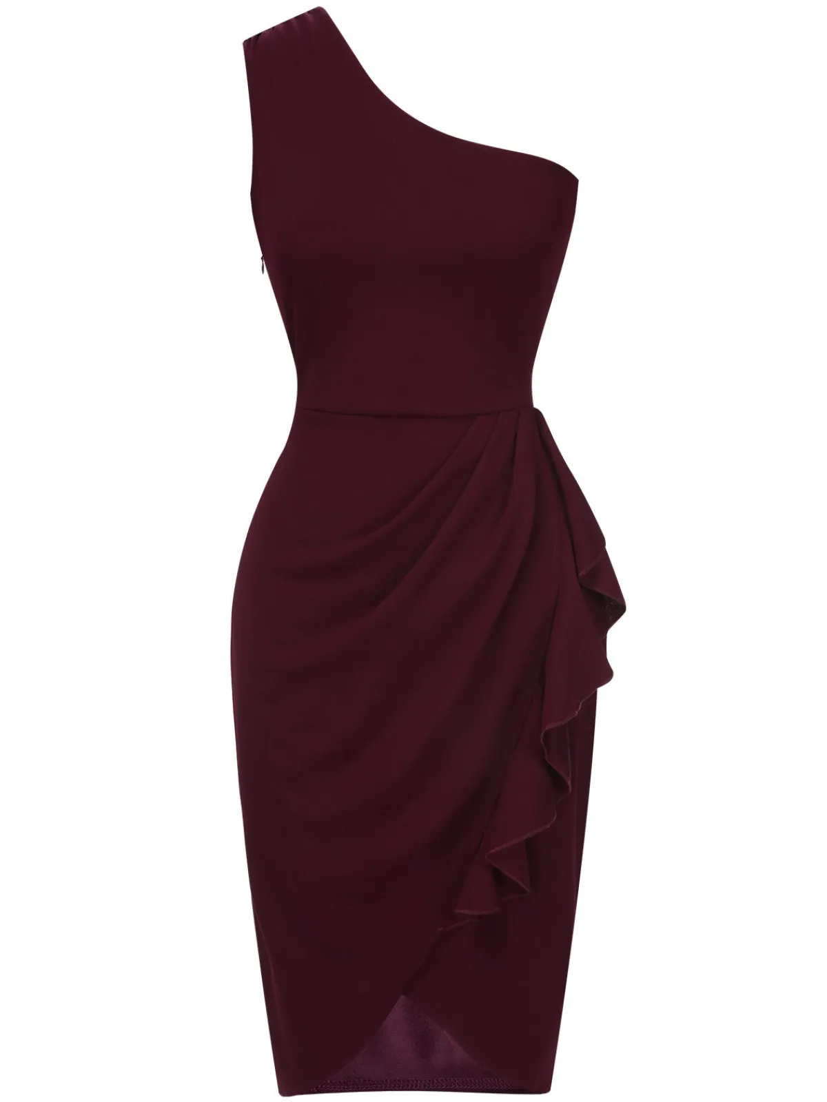 Fashion Retro Stage 1960s Solid Tulip Hem Ruffle One-Shoulder Dress